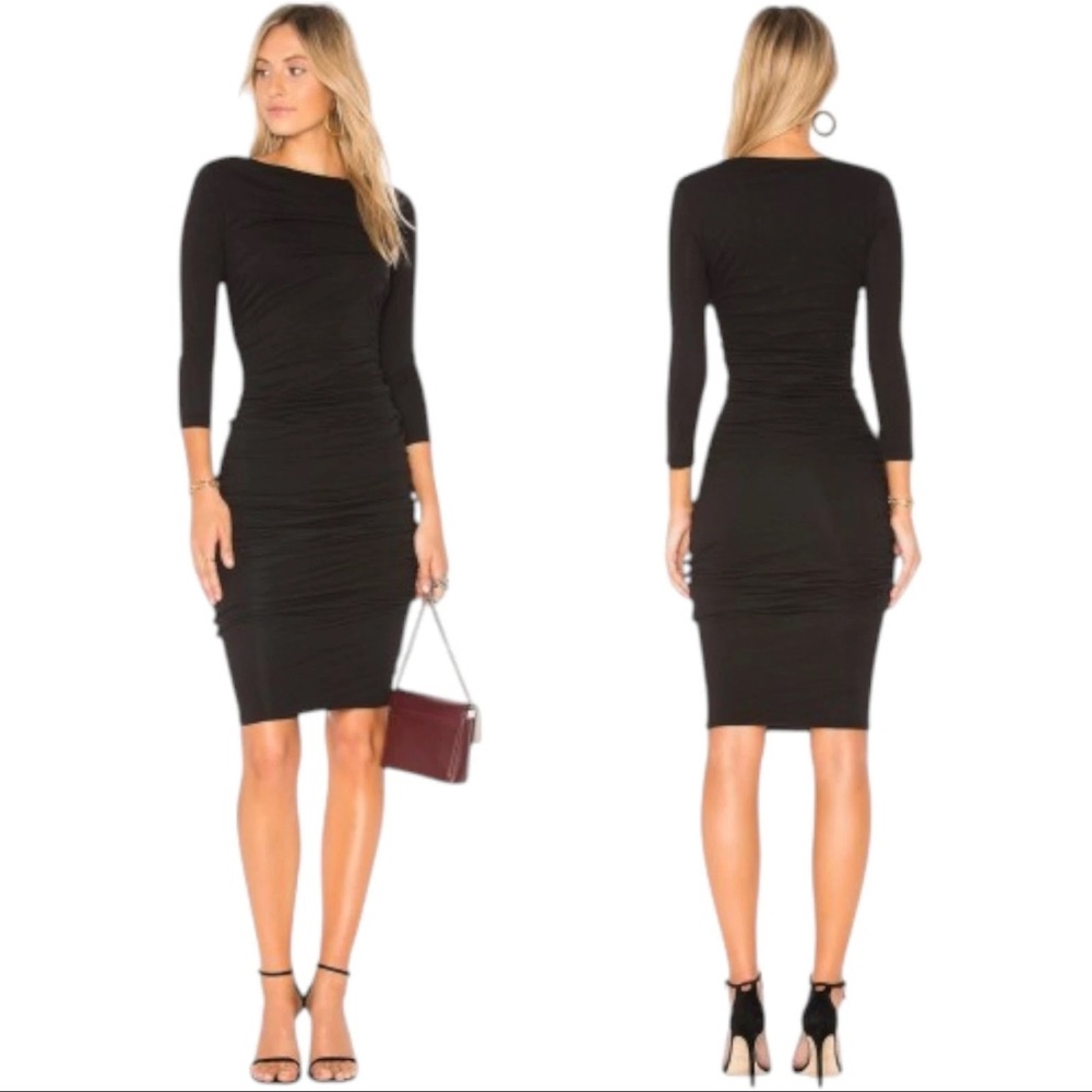 James Perse shirred boatneck bodycon Elegant Black Bodycon quarter Sleeve Dress